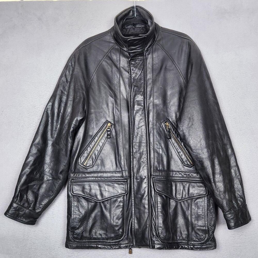 Vintage London Fog Coat Mens Medium Black Leather Quilted Lined Zip Overcoat